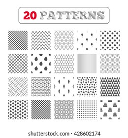 Ornament patterns, diagonal stripes and stars. Birthday party icons. Cake with ice cream signs. Air balloon with rope symbol. Geometric textures. Vector