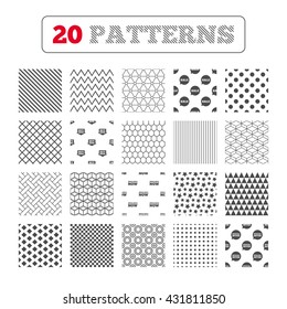 Ornament patterns, diagonal stripes and stars. Sale icons. Special offer speech bubbles symbols. Buy now arrow shopping signs. Available now. Geometric textures. Vector