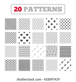 Ornament patterns, diagonal stripes and stars. Bug and vaccine syringe injection icons. Heart and spray can sign symbols. Geometric textures. Vector