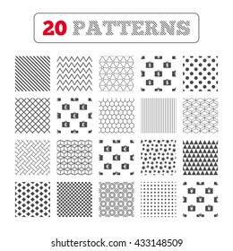 Ornament patterns, diagonal stripes and stars. Businessman case icons. Cash money diplomat signs. Dollar, euro and pound symbols. Geometric textures. Vector