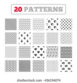 Ornament patterns, diagonal stripes and stars. Social media icons. Chat speech bubble and Mail messages symbols. Love heart sign. Human person profile. Geometric textures. Vector