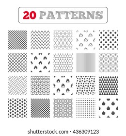 Ornament patterns, diagonal stripes and stars. Fire flame icons. Heat symbols. Inflammable signs. Geometric textures. Vector