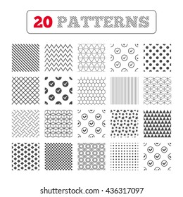 Ornament patterns, diagonal stripes and stars. Check icons. Checkbox confirm circle sign symbols. Geometric textures. Vector