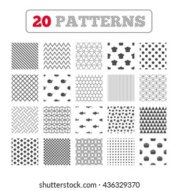 Ornament patterns, diagonal stripes and stars. Chief hat and cooking pan icons. Fish and chicken signs. Boil or stew food symbol. Geometric textures. Vector
