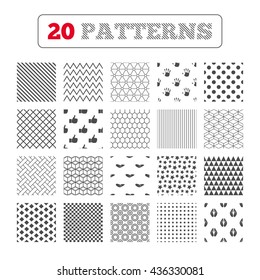 Ornament patterns, diagonal stripes and stars. Hand icons. Like thumb up symbol. Insurance protection sign. Human helping donation hand. Prayer hands. Geometric textures. Vector