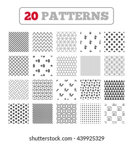 Ornament patterns, diagonal stripes and stars. Emergency exit icons. Fire extinguisher sign. Elevator or lift symbol. Fire exit through the stairwell. Geometric textures. Vector