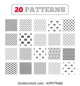 Ornament patterns, diagonal stripes and stars. Clothing accessories icons. Umbrella and headdress hat signs. Wallet with cash coins, business case symbols. Geometric textures. Vector