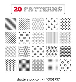 Ornament patterns, diagonal stripes and stars. Businessman icons. Human silhouette and cash money signs. Case and gear symbols. Geometric textures. Vector