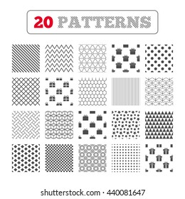 Ornament patterns, diagonal stripes and stars. Gift box sign icons. Present with bow and ribbons sign symbols. Geometric textures. Vector