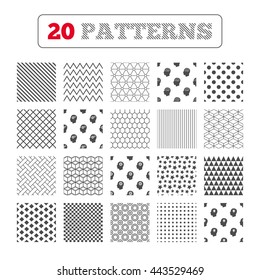 Ornament patterns, diagonal stripes and stars. Head with brain and idea lamp bulb icons. Male human think symbols. Cogwheel gears signs. Geometric textures. Vector