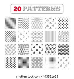 Ornament patterns, diagonal stripes and stars. Wedding dress icon. Bride and groom rings symbol. Wedding or engagement day ring shine with diamond sign. Will you marry me? Geometric textures. Vector