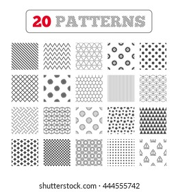 Ornament patterns, diagonal stripes and stars. Wood and saw circular wheel icons. Attention caution symbol. Sawmill or woodworking factory signs. Geometric textures. Vector