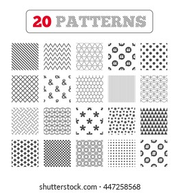 Ornament patterns, diagonal stripes and stars. Quote, asterisk footnote icons. Hashtag social media and ampersand symbols. Programming logical operator AND sign. Speech bubble. Geometric textures.