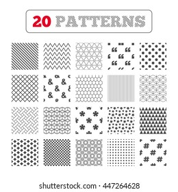 Ornament patterns, diagonal stripes and stars. Quote, asterisk footnote icons. Hashtag social media and ampersand symbols. Programming logical operator AND sign. Geometric textures. Vector