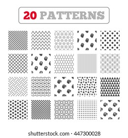 Ornament patterns, diagonal stripes and stars. Head with brain icon. Male and female human think symbols. Cogwheel gears signs. Woman with pigtail. Geometric textures. Vector