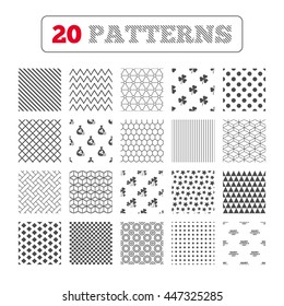 Ornament patterns, diagonal stripes and stars. Saint Patrick day icons. Money bag with clover and coin sign. Trefoil shamrock clover. Symbol of good luck. Geometric textures. Vector