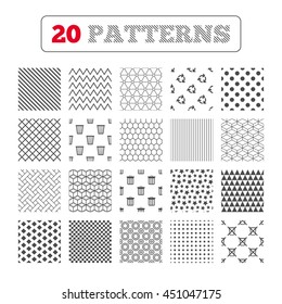 Ornament patterns, diagonal stripes and stars. Recycle bin icons. Reuse or reduce symbols. Trash can and recycling signs. Geometric textures. Vector