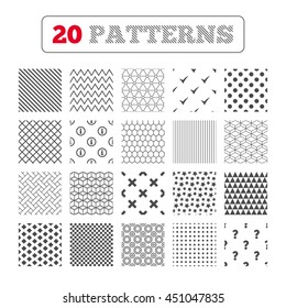 Ornament patterns, diagonal stripes and stars. Information icons. Delete and question FAQ mark signs. Approved check mark symbol. Geometric textures. Vector