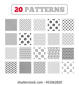 Ornament patterns, diagonal stripes and stars. Information icons. Stop prohibition and attention caution signs. Approved check mark symbol. Geometric textures. Vector