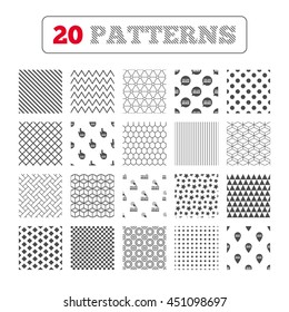 Ornament patterns, diagonal stripes and stars. You are here icons. Info speech bubble symbol. Map pointer with your location sign. Hand cursor. Geometric textures. Vector