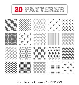 Ornament patterns, diagonal stripes and stars. Beach holidays icons. Cocktail, human footprints and swimming trunks signs. Summer sun symbol. Geometric textures. Vector