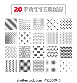 Ornament patterns, diagonal stripes and stars. Food icons. Muffin cupcake symbol. Fork and spoon sign. Glass of champagne or wine. Slice of cheese. Geometric textures. Vector