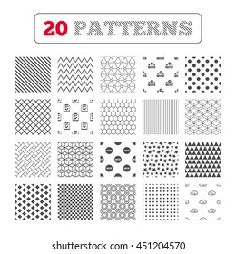 Ornament patterns, diagonal stripes and stars. Quiz icons. Human brain think. Checklist symbol. Survey poll or questionnaire feedback form. Questions and answers game sign. Geometric textures. Vector