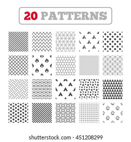 Ornament patterns, diagonal stripes and stars. Tourist camping tent icons. Fire flame sign symbols. Geometric textures. Vector
