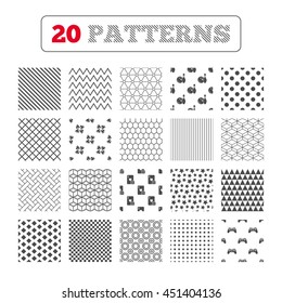 Ornament patterns, diagonal stripes and stars. Bowling and Casino icons. Video game joystick and playing card with puzzles pieces symbols. Entertainment signs. Geometric textures. Vector