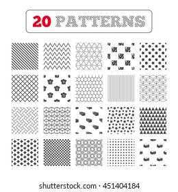 Ornament patterns, diagonal stripes and stars. Cheese icons. Round cheese wheel sign. Sliced food with chief hat symbols. Geometric textures. Vector