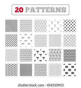 Ornament patterns, diagonal stripes and stars. Hotel services icons. Wi-fi, Hairdryer and deposit lock in room signs. Wireless Network. Hairdresser or barbershop symbol. Geometric textures. Vector