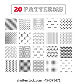 Ornament patterns, diagonal stripes and stars. Webinar icons. Web camera and notebook pc signs. Website e-learning or online study symbols. Geometric textures. Vector