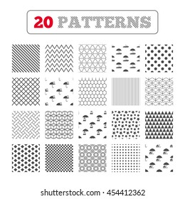 Ornament patterns, diagonal stripes and stars. Life, Real estate or Home insurance icons. Umbrella with water drop symbol. Car protection sign. Geometric textures. Vector
