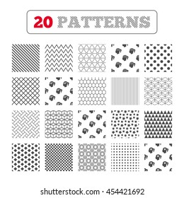 Ornament patterns, diagonal stripes and stars. Head with brain and idea lamp bulb icons. Female woman think symbols. Cogwheel gears signs. Geometric textures. Vector