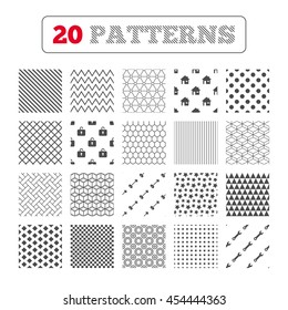 Ornament patterns, diagonal stripes and stars. Home key icon. Wrench service tool symbol. Locker sign. Main page web navigation. Geometric textures. Vector