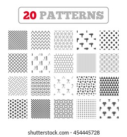 Ornament patterns, diagonal stripes and stars. Hairdresser icons. Scissors cut hair symbol. Comb hair with hairdryer symbol. Barbershop winner award cup. Geometric textures. Vector