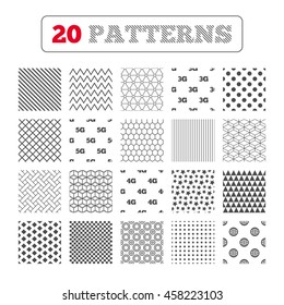 Ornament patterns, diagonal stripes and stars. Mobile telecommunications icons. 3G, 4G and 5G technology symbols. World globe sign. Geometric textures. Vector