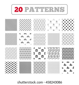 Ornament patterns, diagonal stripes and stars. Hotel services icons. Washing machine or laundry sign. Hairdresser or barbershop symbol. Reception registration table. Quiet sleep. Geometric textures.