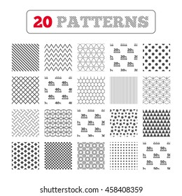 Ornament patterns, diagonal stripes and stars. Sale discount icons. Special offer price signs. 20, 30, 40 and 50 percent off reduction symbols. Geometric textures. Vector