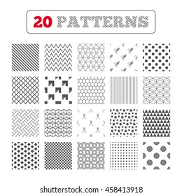 Ornament patterns, diagonal stripes and stars. Textile cloth piece icon. Scissors hairdresser symbol. Needle with thread. Tailor symbol. Canvas for embroidery. Geometric textures. Vector