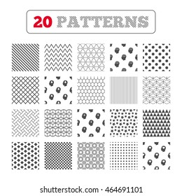 Ornament patterns, diagonal stripes and stars. Head with brain icon. Male human think symbols. Blood drop donation sign. Love heart. Geometric textures. Vector
