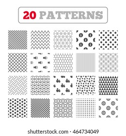 Ornament patterns, diagonal stripes and stars. Information sign. Group of people and speaker volume symbols. Internet globe sign. Communication icons. Geometric textures. Vector