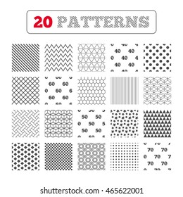 Ornament patterns, diagonal stripes and stars. Sale discount icons. Special offer price signs. 40, 50, 60 and 70 percent off reduction symbols. Geometric textures. Vector