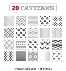 Ornament patterns, diagonal stripes and stars. Toilet paper icons. Gents and ladies room signs. Paper towel or kitchen roll. Speech bubble symbol. Geometric textures. Vector