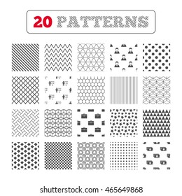 Ornament patterns, diagonal stripes and stars. Businessman icons. Human silhouette and cash money signs. Case and presentation with chart symbols. Geometric textures. Vector