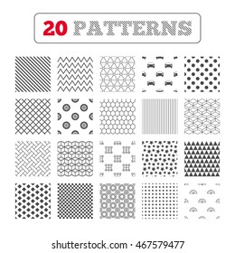 Ornament patterns, diagonal stripes and stars. Transport icons. Car tachometer and mechanic transmission symbols. Wheel sign. Geometric textures. Vector