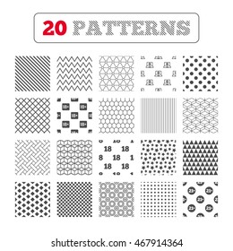 Ornament patterns, diagonal stripes and stars. Adult content icons. Eighteen and twenty-one plus years sign symbols. Notebook website notice. Geometric textures. Vector