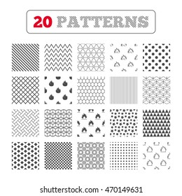 Ornament patterns, diagonal stripes and stars. Fire flame icons. Heat symbols. Inflammable signs. Geometric textures. Vector
