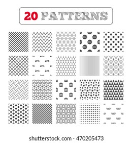 Ornament patterns, diagonal stripes and stars. Sale speech bubble icons. Two equals one. Black friday sign. Big sale shopping bag symbol. Geometric textures. Vector