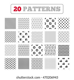 Ornament patterns, diagonal stripes and stars. Hipster photo camera icon. Like and Chat speech bubble sign. Bird symbol. Geometric textures. Vector